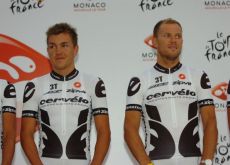Heinrich Haussler and Thor Hushovd (Cervelo TestTeam) at the Tour de France team presentation in Monaco. Photo copyright Fotoreporter Sirotti.