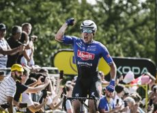 Jasper Philipsen crosses the finish line as winner of stage 3 of Tour de France 2023