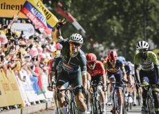 Jasper Philipsen crosses the finish line as winner of stage 7 of Tour de France 2023