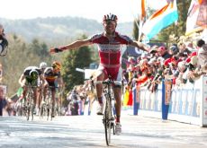 Joaquim Rodriguez climbs to victory in La Fleche Wallonne 2012 beating Team GreenEdge's Michael Albasini and Philippe Gilbert of Team BMC Racing. 