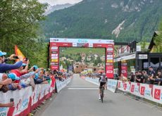 Juan Ayuso crosses the finish line as winner of stage 5 of Tour de Suisse 2023
