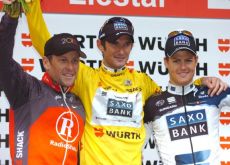 Lance Armstrong, Frank Schleck and Jacob Fuglsang on the podium. Photo copyright Fotoreporter Sirotti.