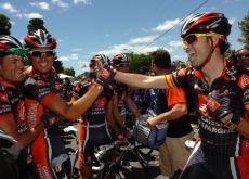 Luis Leon Sanchez celebrates his beautiful stage win with Alejandro Valverde and other teammates. Photo copyright Fotoreporter Sirotti. Luis Leon Sanchez celebrates his beautiful stage win with Alejandro Valverde and other teammates. Photo copyright Fotoreporter Sirotti.