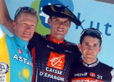 Luis Leon Sanchez, Carlos Sastre and Alexandre Vinokourov on the podium in San Sebastian. Photo copyright Fotoreporter Sirotti.