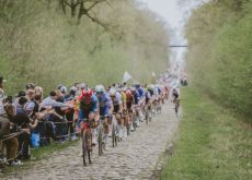 Mads Pedersen and other riders in the Arenberg Forest during Paris-Roubaix 2024