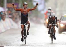 Marianne Vos of the Netherlands wins the women's road race of the 2012 London Olympics ahead of Great Britain's Elizabeth Armitstead. Photo copyright Tim de Waele.