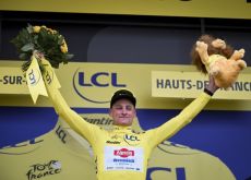 Mathieu van der Poel on the podium as leader of Tour de France