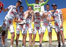 Rock Racing celebrates Oscar Sevilla's Vuelta a Chihuahua win, the team's 35th victory of 2009. Photo by Alex Aguirre.