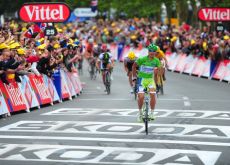 Team Liquigas-Cannondale's Peter Sagan dominates stage 3 finish in 2012 Tour de France. Photo Fotoreporter Sirotti.