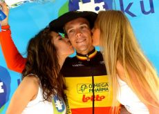 Clasica San Sebastian winner Philippe Gilbert gets som sweet attention from the podium girls. Photo Fotoreporter Sirotti.