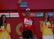 Philippe Gilbert celebrates his Vuelta lead on the podium with the beautiful Spanish podium girls. Photo copyright Fotoreporter Sirotti. Philippe Gilbert celebrates his Vuelta lead on the podium with the beautiful Spanish podium girls. Photo copyright Fotoreporter Sirotti.