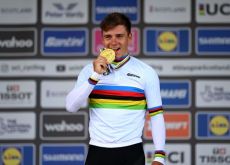 Remco Evenepoel with gold medal at 2023 UCI Time Trial World Championships in Glasgow Scotland