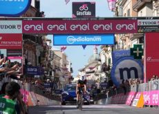 Remco Evenepoel reaches the finish line of stage 1 at Giro d'Italia 2023