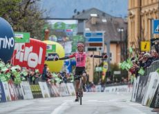 Simon Carr crosses the finish line as winner of stage 5 at Tour of the Alps 2023