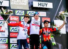 Tadej Pogacar, Matthias Skjelmose and Mikel Landa on the podium in La Flèche Wallonne 2023