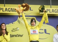 | A.S.O. Tadej Pogacar celebrating his Tour de France lead on the podium