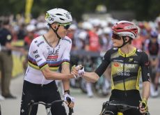 Tadej Pogacar greets Jonas Vingegaard