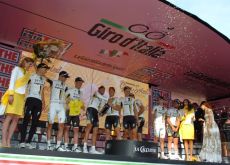 Team HTC-HighRoad celebrates their team time trial win and overall race lead on the podium in Torino. Photo Fotoreporter Sirotti.