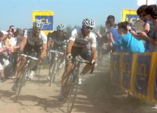 World Champion Thor Hushovd leads last year's Paris-Roubaix winner Fabian Cancellara on one of today's paves. Photo Fotoreporter Sirotti.