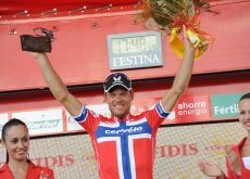 A proud Thor Hushovd on the podium in Murcia. Photo copyright Fotoreporter Sirotti.