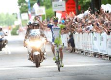 Team Liquigas-Cannondale's Timothy Duggan soloes to U.S. national road cycling champion title in Greenville, South Carolina ahead of Frank Pipp and Team Type 1's Kiel Reijnen. Photo Casey Gibson / USA Cycling