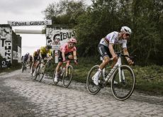 Van der Poel leads the breakaway group in Paris-Roubaix