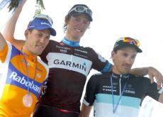 Johan Van Summeren (Team Garmin-Cervelo), Fabian Cancellara (Team Leopard-Trek) and Maarten Tjallingii (Team Rabobank) on the podium in Roubaix. Photo Fotoreporter Sirotti.